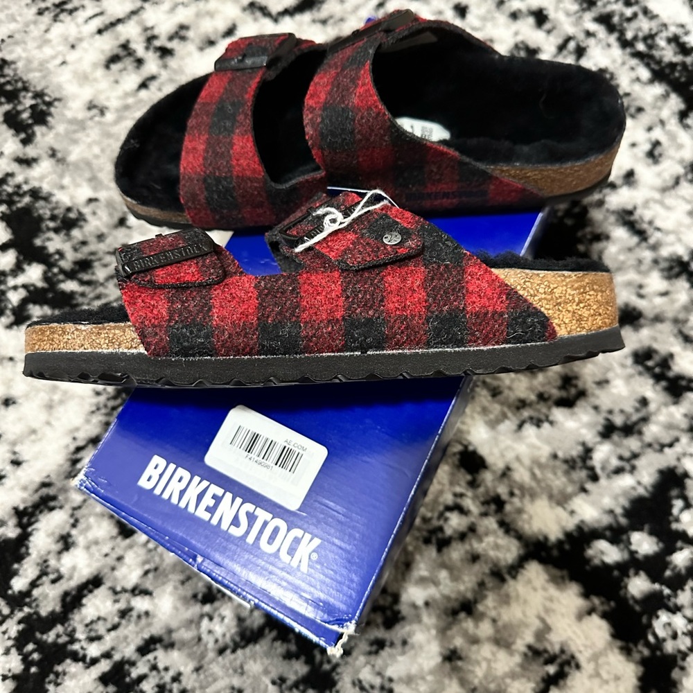 BRAND NEW in the box, Red Buffalo Plaid Birkenstock